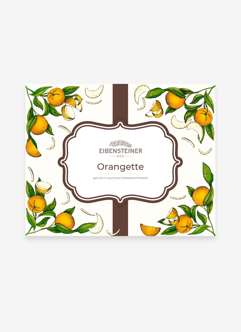 Kandierte Orangenschalen in Edelbitterschokolade, Schachtel
